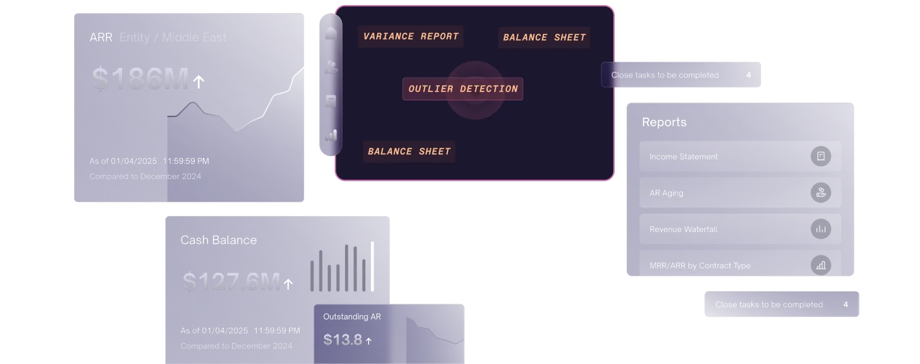 Financial metrics dashboard with ARR, Cash Balance, Reports, and purple card with badges